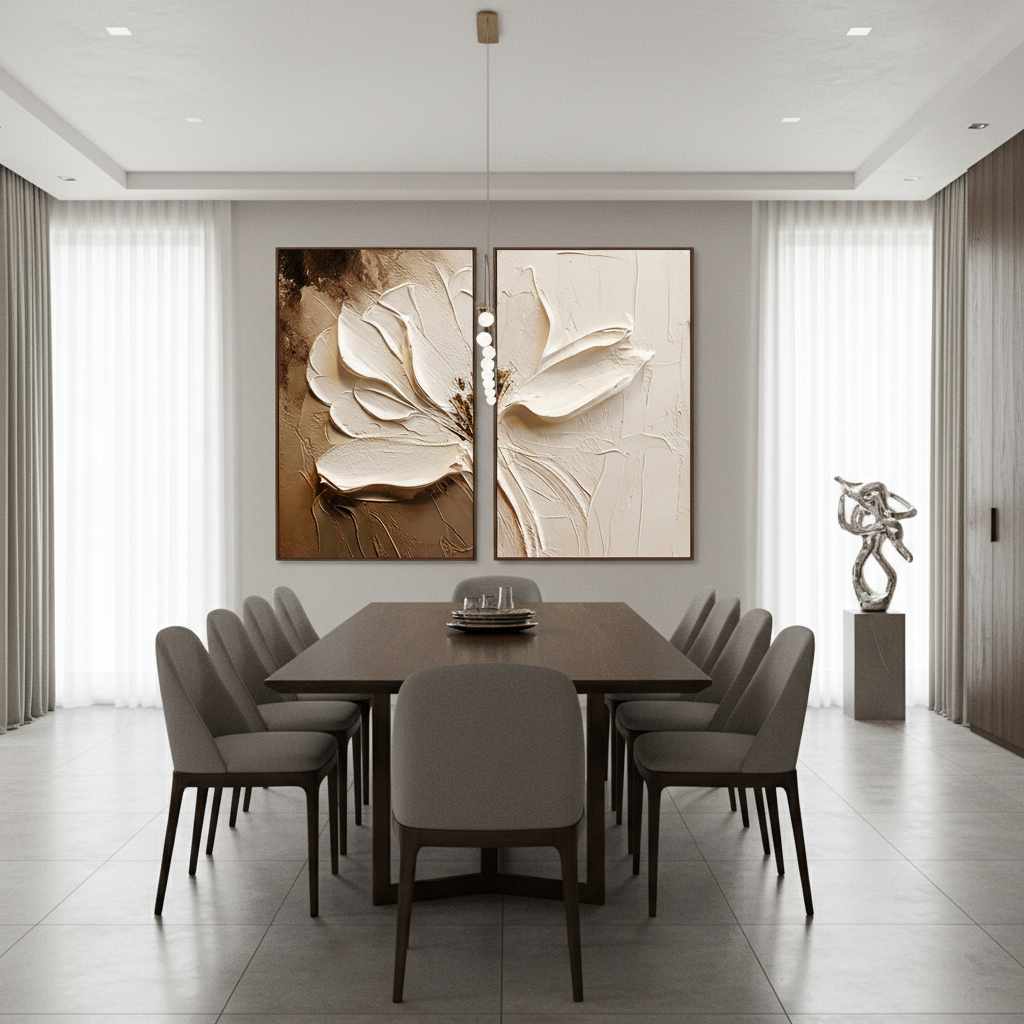 Large hand-painted neutral boho textured white flower diptych oil painting