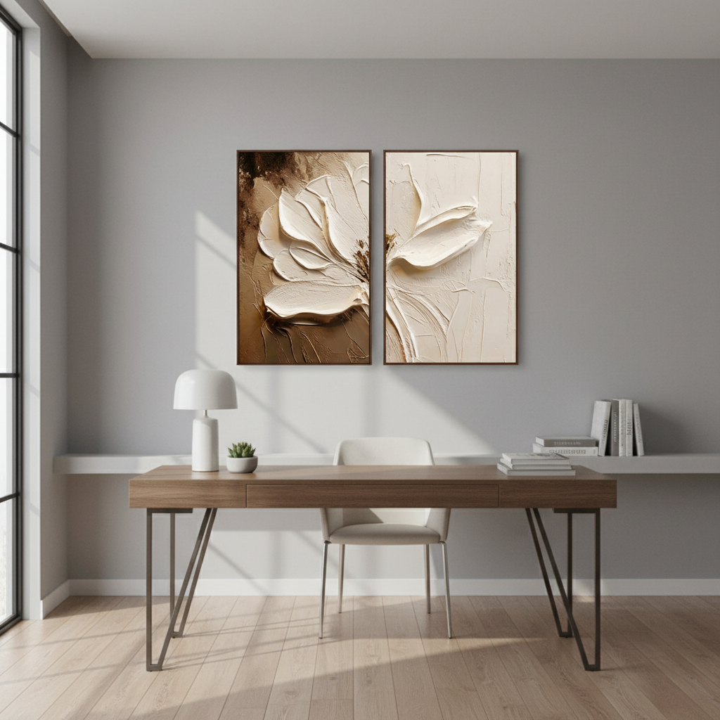 Large hand-painted neutral boho textured white flower diptych oil painting
