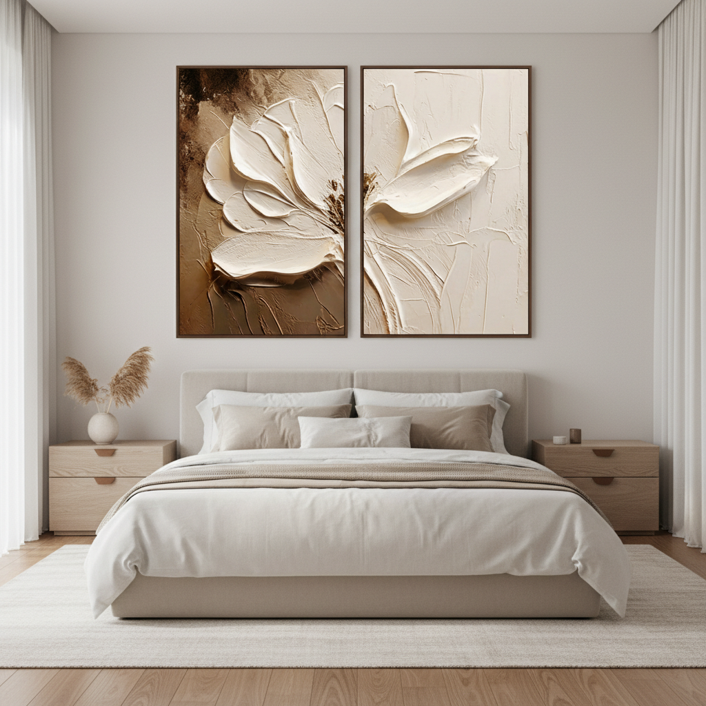 Large hand-painted neutral boho textured white flower diptych oil painting