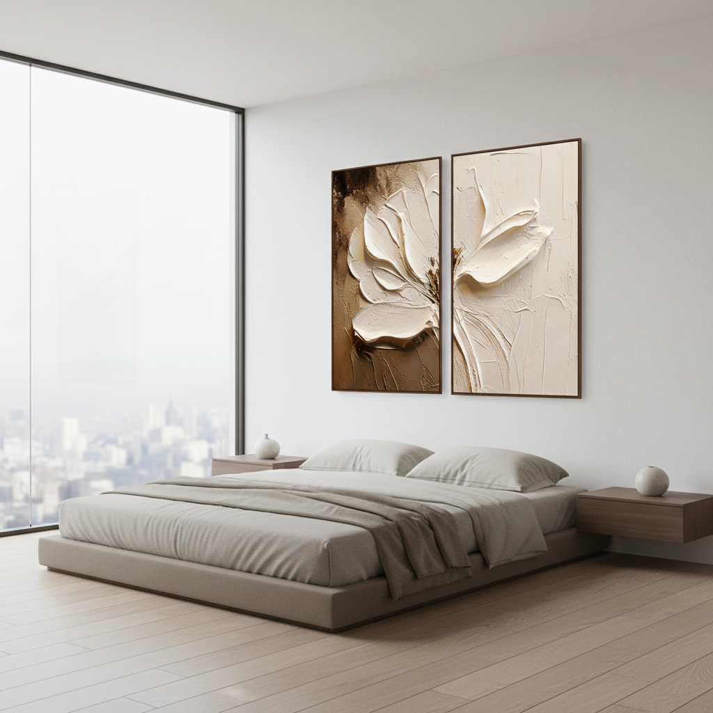 Large hand-painted neutral boho textured white flower diptych oil painting