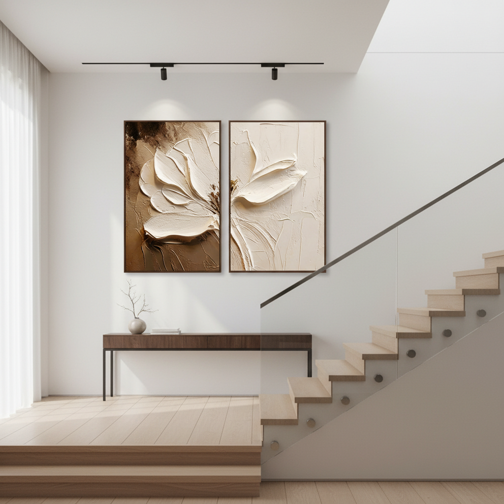 Large hand-painted neutral boho textured white flower diptych oil painting