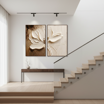 Large hand-painted neutral boho textured white flower diptych oil painting