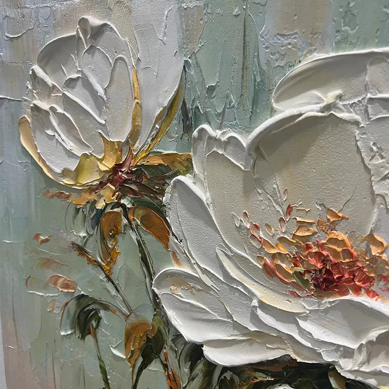 3D White Peony Textured Oil Painting - Large Hand-Painted Impasto Floral Wall Art on Canvas #AA185