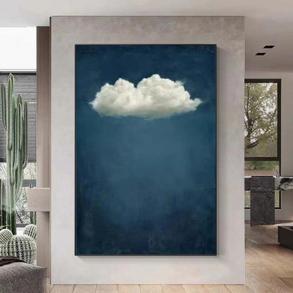 Modern Minimalist Cloud Painting - Large Vertical Blue Textured Canvas Wall Art #TC042