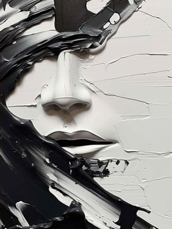 Minimalist Abstract Black and White Face Oil Painting - Textured Oversized Vertical Hand-Painted Art #ZZ199